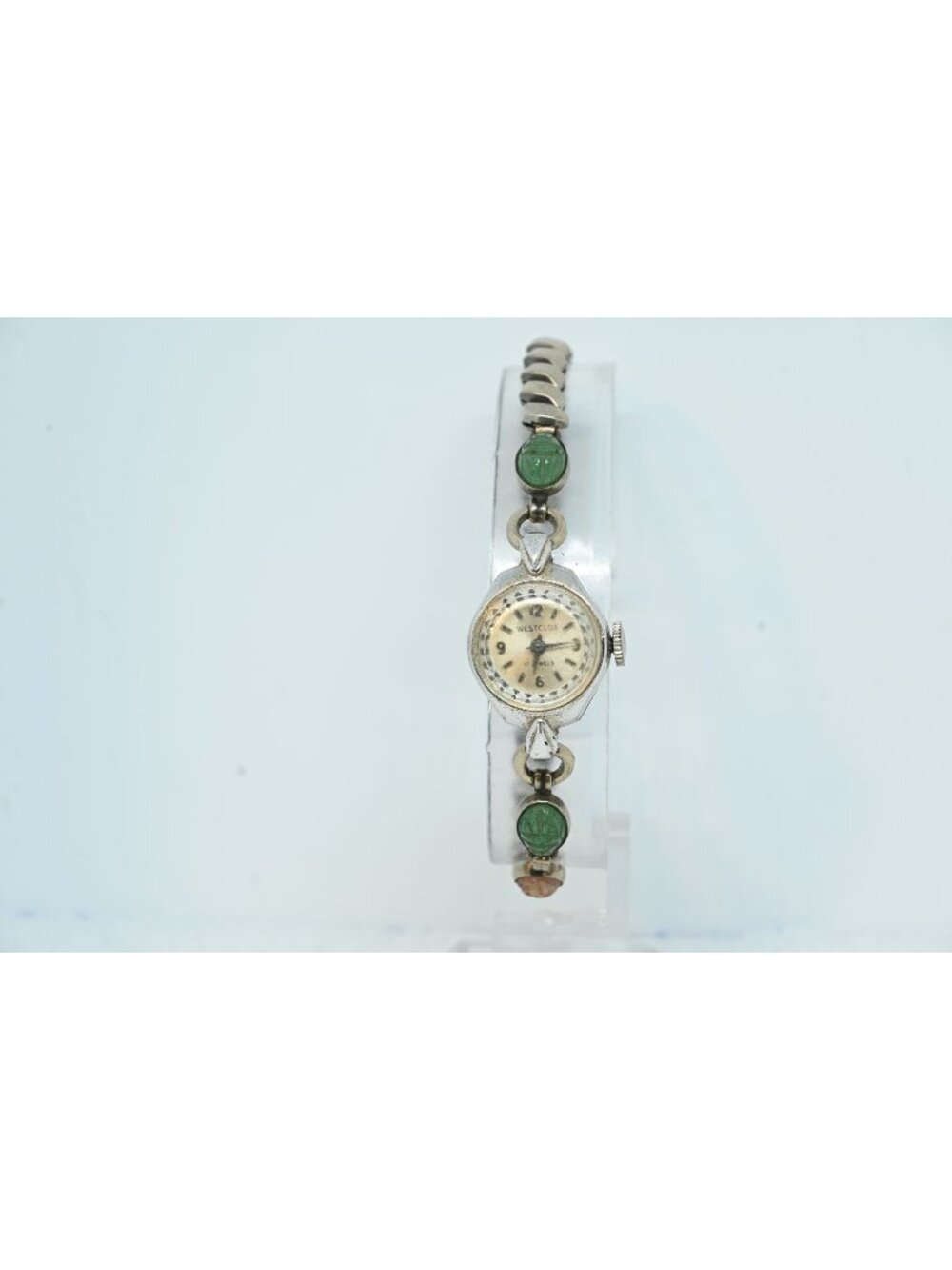 Vintage Westclox 17 Jewels Women's Mechanical Watch Silver Jade Cabochons